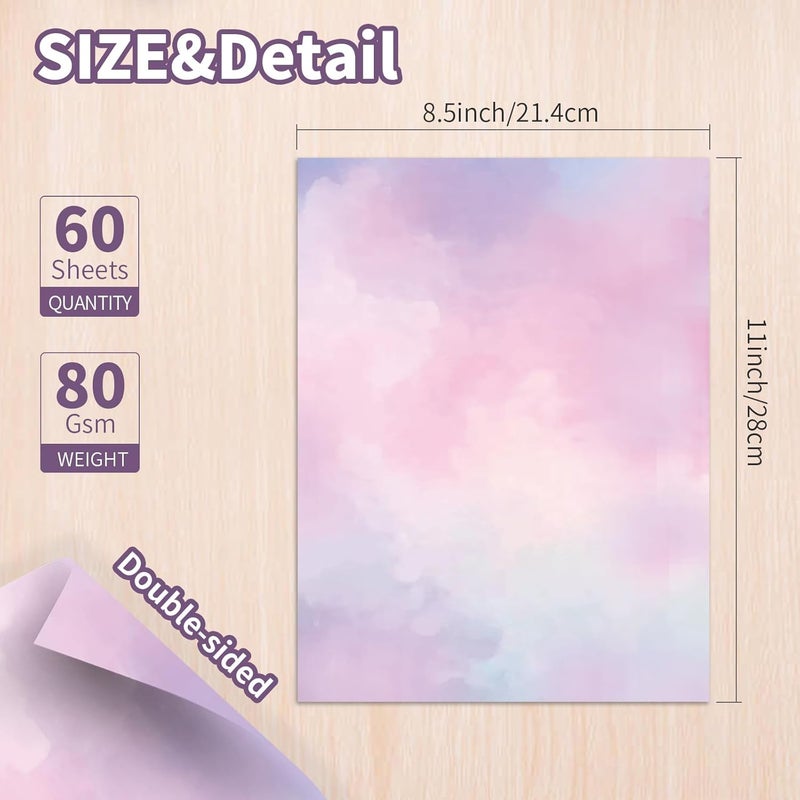 fuceury 60 Sheets Watercolored Stationery Paper, 8.5 x 11 inch Double-Sided Pastel Paper for Writing Letters and Invitations(Style 01) - Image 2